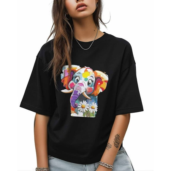 T Shirts for Women Short Sleeve Cotton Crewneck T-Shirt, Multicolor Elephant Daisy Cartoon Tee Tops Casual Basic T-Shirts, XS-5XL Black XL