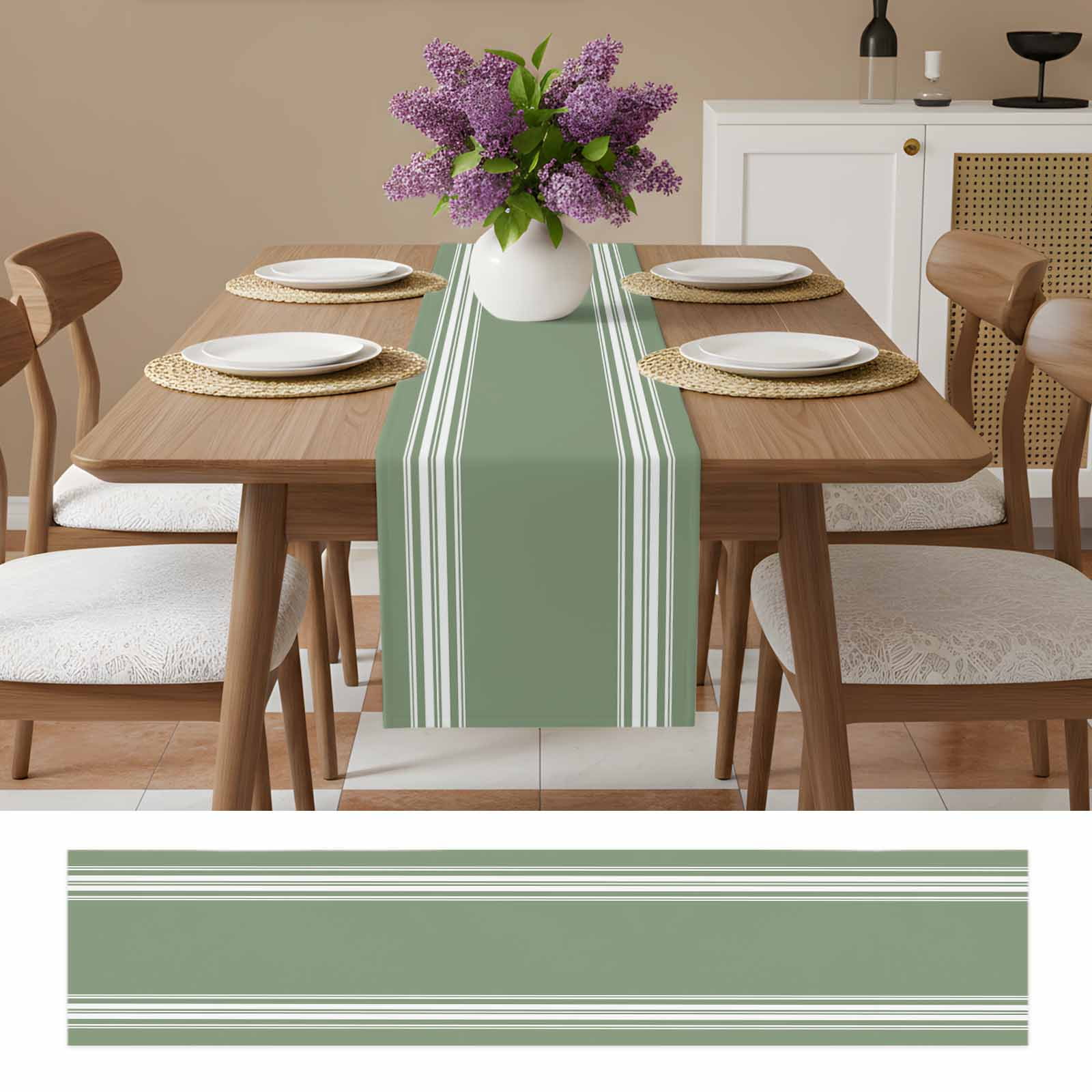 Dark Sage Green Table Runner, Farmhouse Sage Green White Striped Washable Cotton Linen Table Runners 60 Inches Long, Dresser Scarf Runner for Coffee/TV Stands/Kitchen/Cabinets 13''x60''