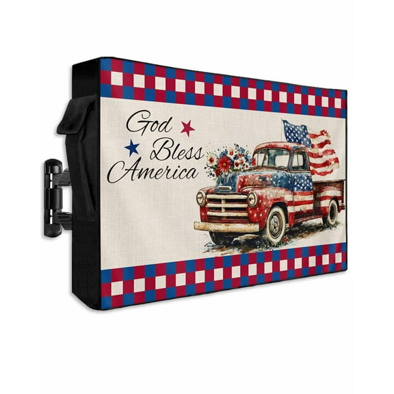 4th of July Outdoor TV Cover 48 to 50 Inch Weatherproof, Independence Day Truck Red Blue Rustic 600D Oxford TV Covers with Waterproof Zipper, Outside Flat TV Screen Protector Size 48"W x 30"H x 4.5"D