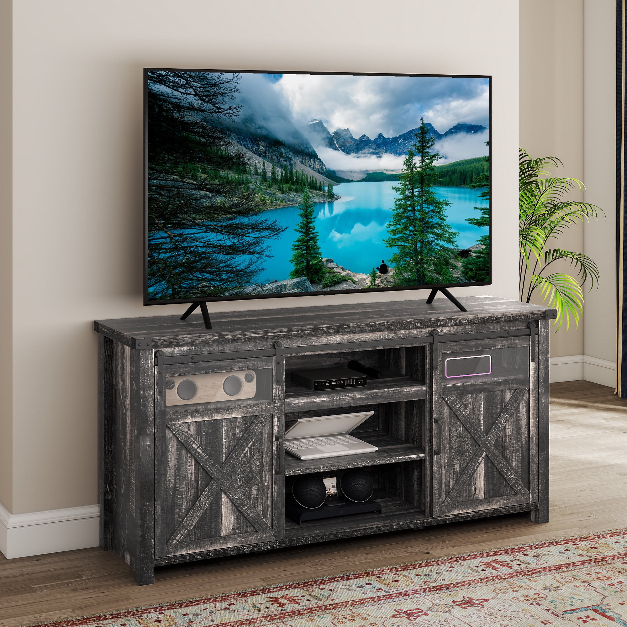 Uforic Farmhouse TV Stand for 75 inch TV, Entertainment Center with Power Outlet, Storage Drawers, TV Console,Dark Rustic Oak