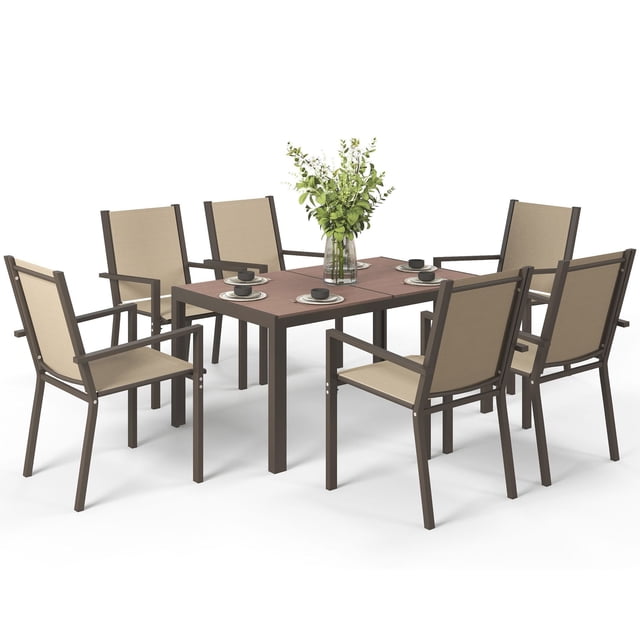7-Piece Outdoor Dining Set with 59" Rectangular Table and 6 Stackable Chairs, Powder-Coated Steel & Breathable Mesh, Khaki & Brown, for Backyard, Patio, Deck and Garden