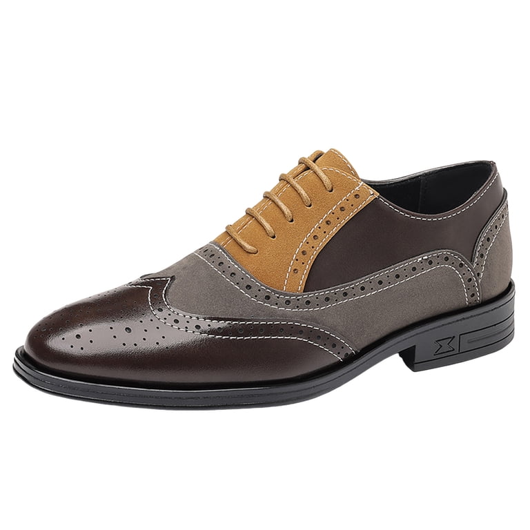 Men\'s Leather Pointed Toe Brogue Oxfords Lightweight Lace-Up Wingtip Block Heel Mens Casual Dress Shoes Leather Wingtip Plain Business Shoes  main image 4