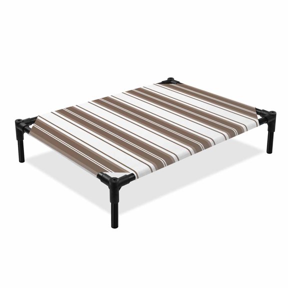Brown Striped Elevated Dog Bed, Vertical Stripe Modern Minimalist Cooling Breathable Outdoor Raised Dog Cot Bed with Metal Frame Non-Slip Feet for Large Dog 28x22in