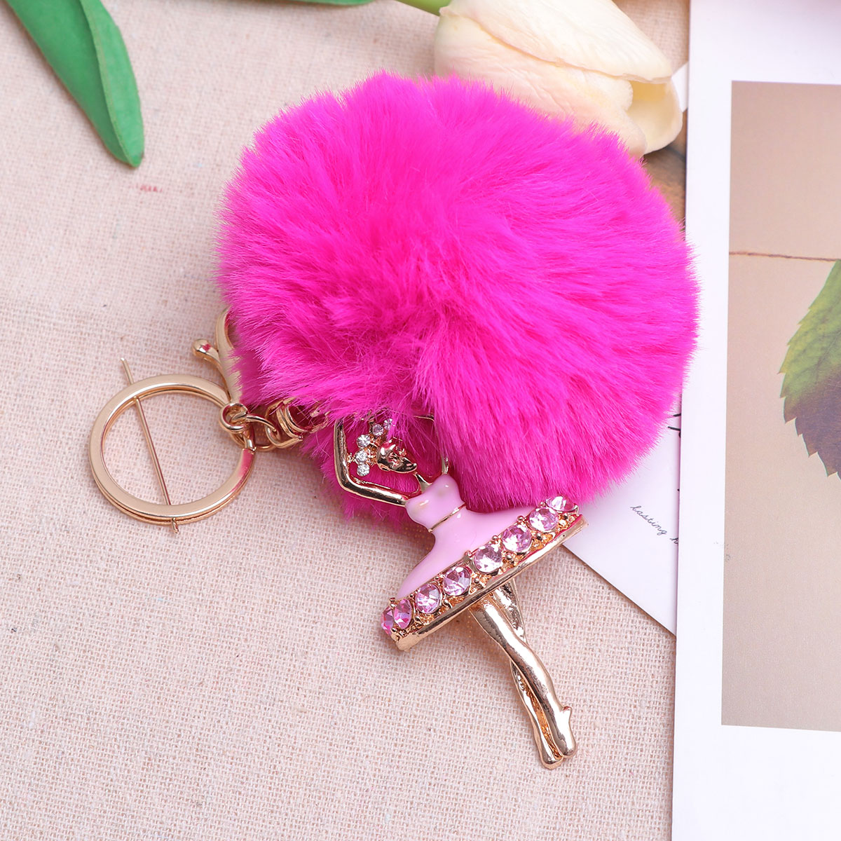 Frcolor Lovely Crystal Ballet Girl Keychains Dancing Angel Fluffy Puff Ball Pendant Fur Key Chain Car Styling Bag Jewelry Pompom Keyring, Adult Unisex