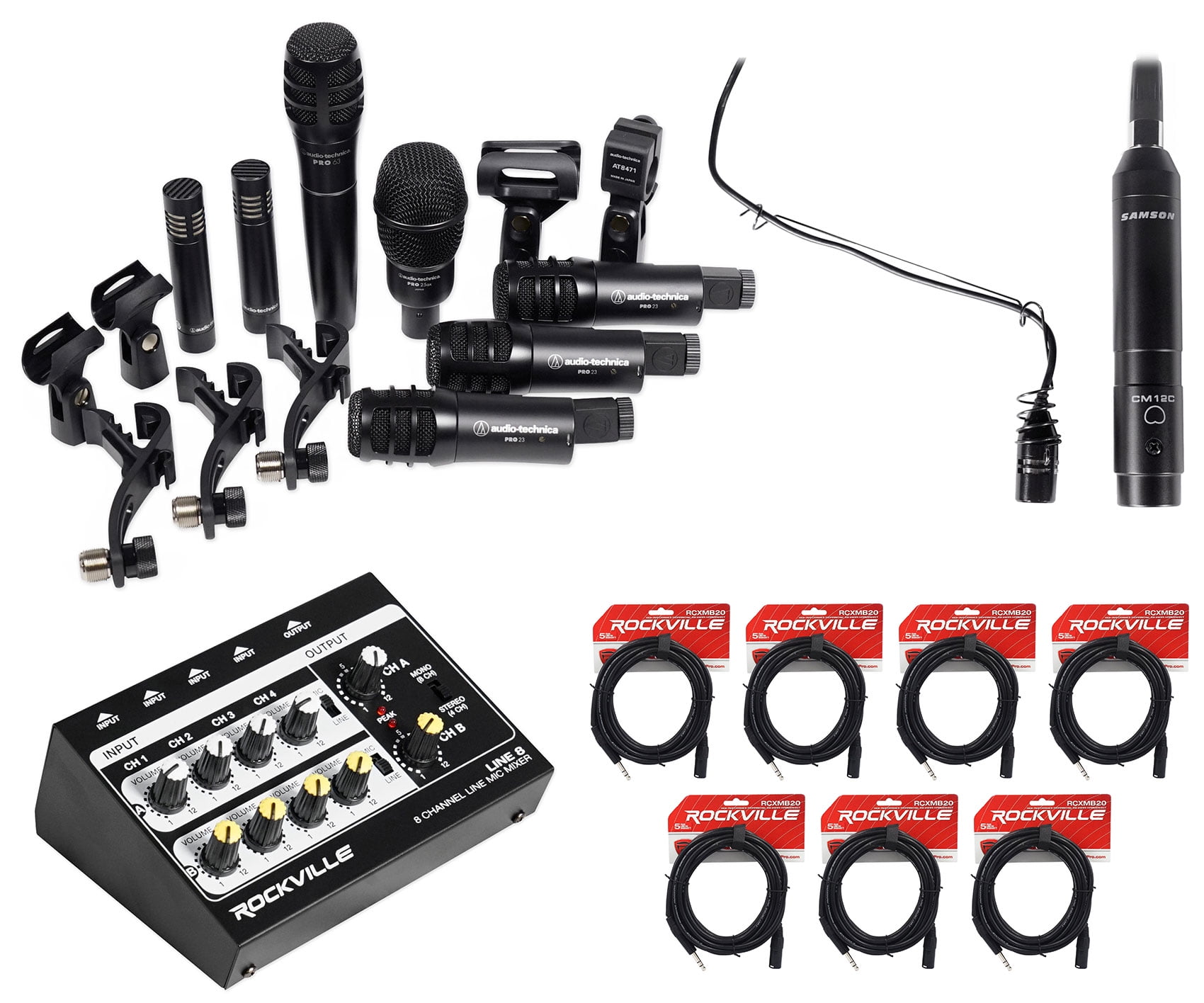 Audio Technica (7) Drum Microphone Kit+Choir Mic+Mixer For Church Sound