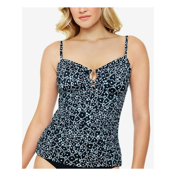 SWIM SOLUTIONS Women's Black Printed Stretch Tankini Side-Ruched Fixed Cups Sweetheart Swimsuit Top 10