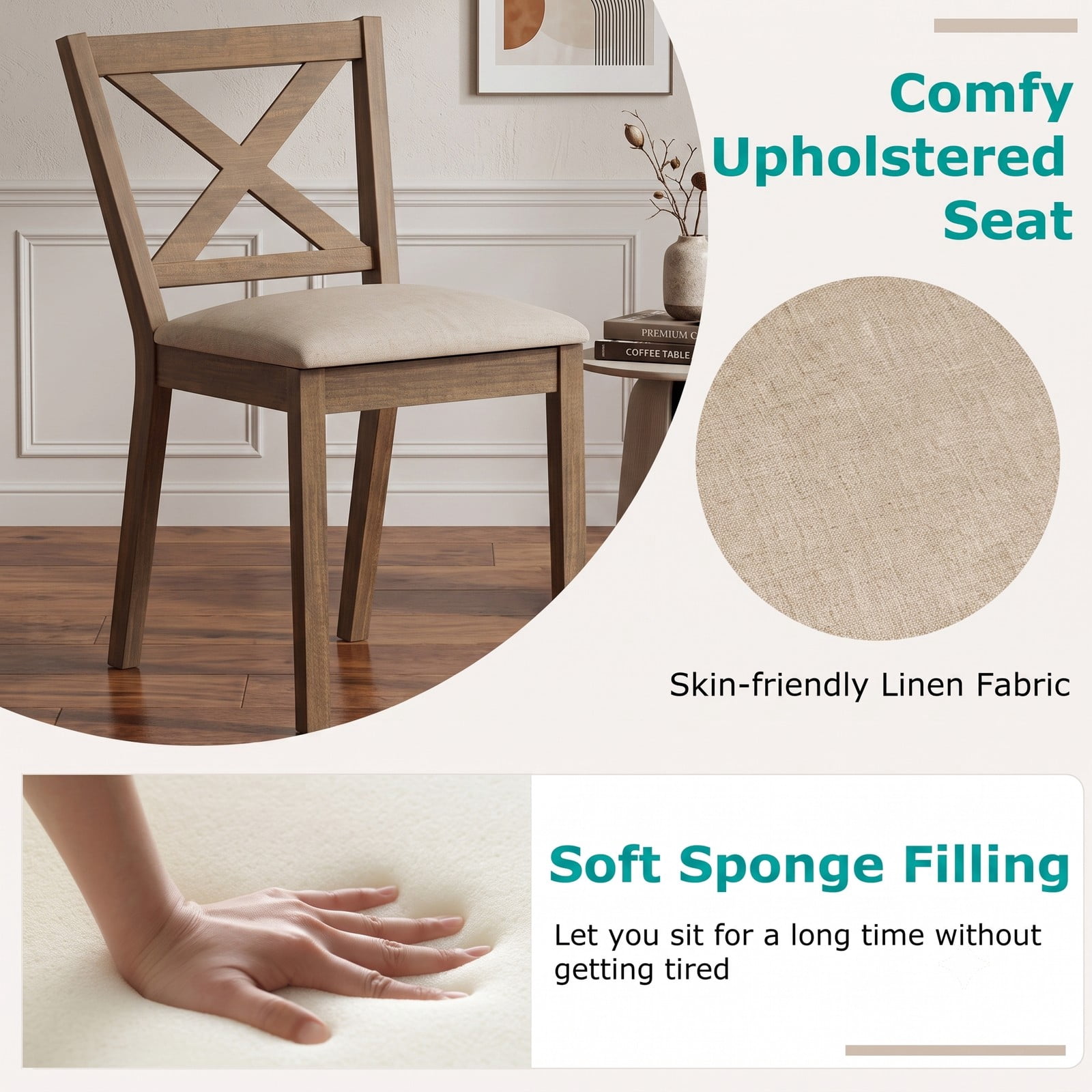 Furnibear Dining Chair Set of 2, Modern Farmhouse Kitchen Chairs with Upholstered Linen Seat, X-Shaped Backrest and Rubber Wood Legs, 400 lb Capacity Side, Brown