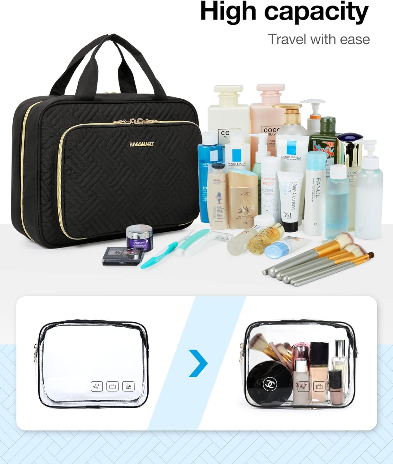 Toiletry Bag Hanging Travel Makeup Organizer with TSA Approved Transparent Cosmetic Bag Makeup Bag for Full Sized Toiletries, Medium-Black