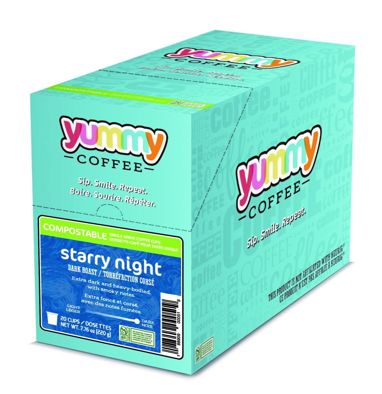 Yummy Coffee Starry Night Dark Roast Coffee, Single Cup Compostable Pods Compatible with Keurig K-Cup Brewers, 20 Count per Box, 2 Boxes