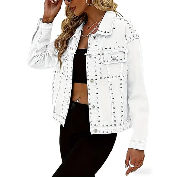 Women's White Studded Cropped Denim Jacket Casual Long Sleeve Trucker Outerwear