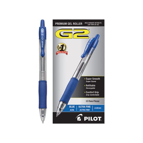 G2 Premium Retractable Gel Pen 0.38mm, Blue Ink, Clear/Blue Barrel, Dozen