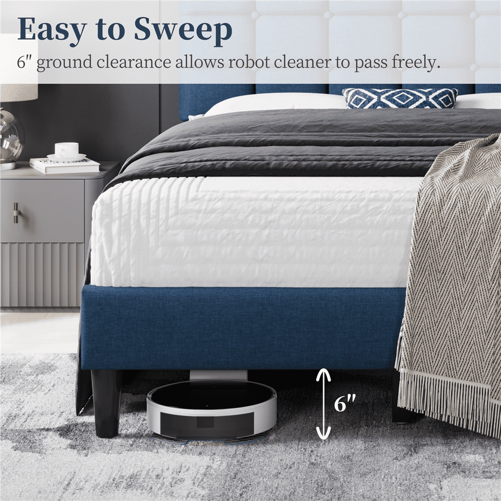 Yaheetech Upholstered Platform Bed with Square Tufted Headboard, Full, Navy Blue