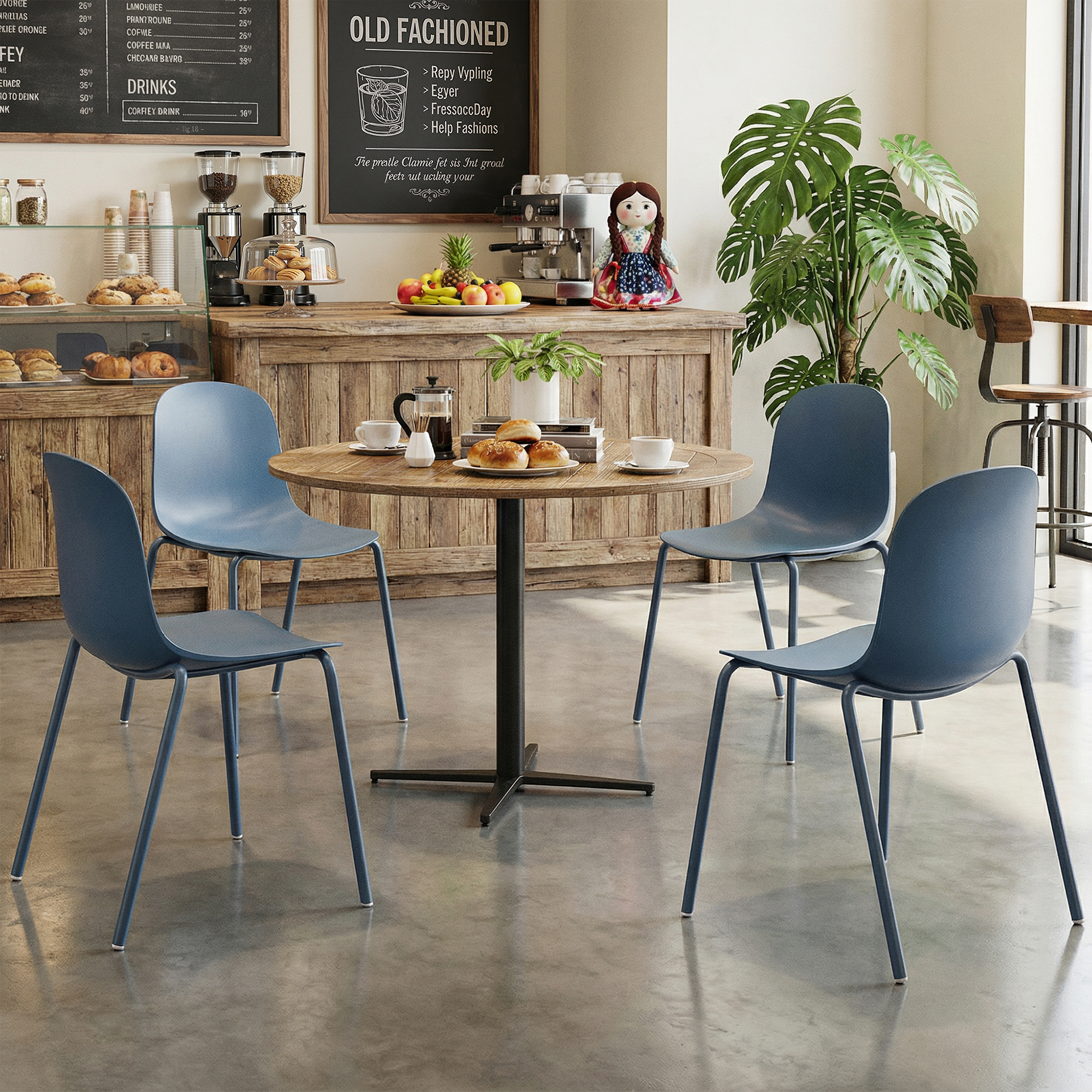MAYEERTY Blue Set of 4 Modern Stackable Plastic Waterproof Dining Chairs, Metal Legs, Indoor/Outdoor Use