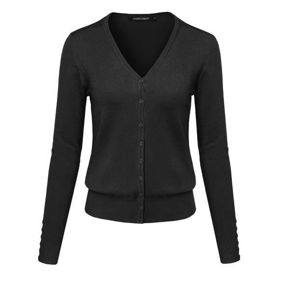 FashionOutfit Women's Basic Solid V-Neck Button Closure Long Sleeves Sweater Cardigan