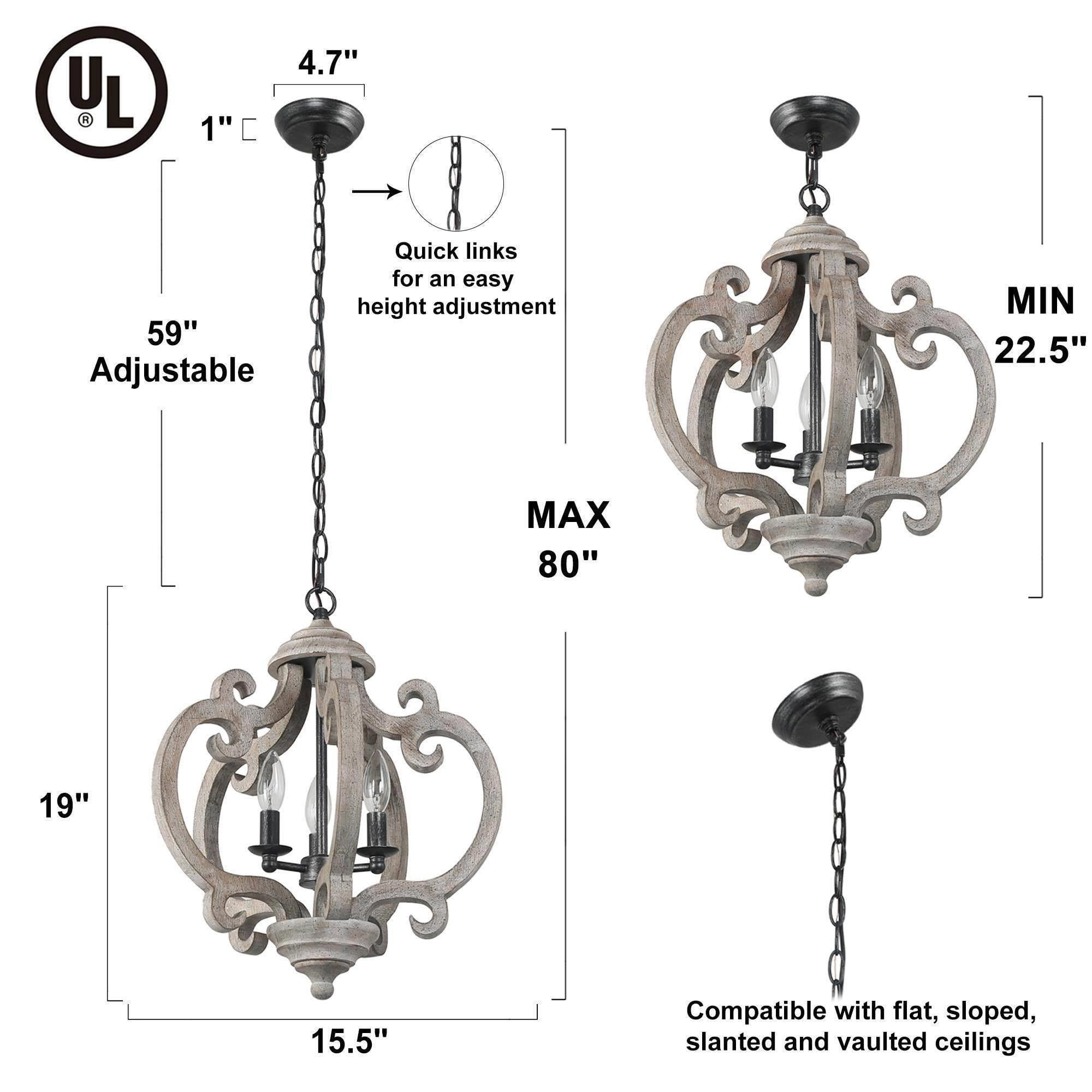 LNC 4-Light Grayish White Wood and Rustic Black Farmhouse Empire Chandelier, Orb Candle
