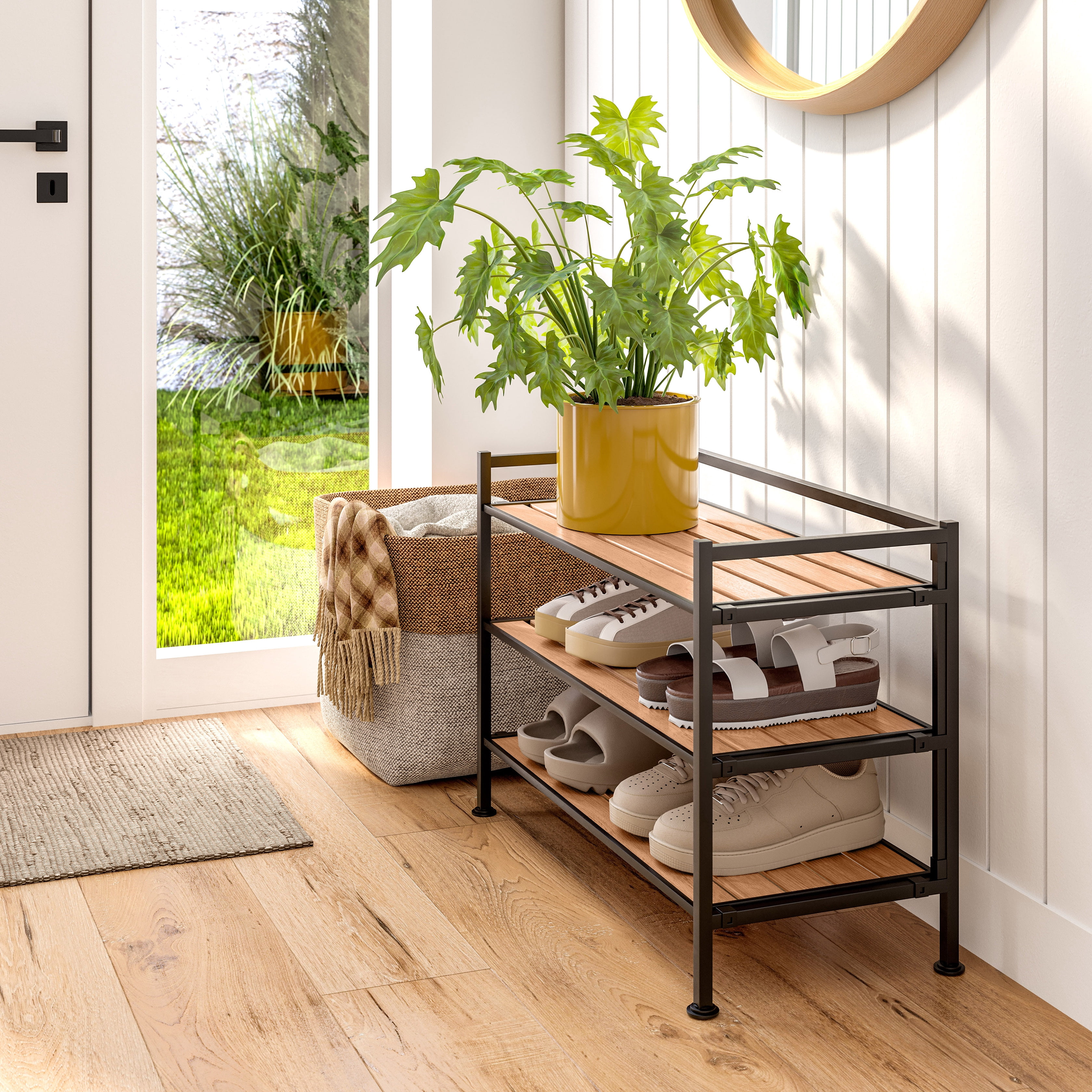 Seville Classics Sturdy Freestanding Storage Shelf for Bedroom, Closet, Entryway, Dorm Room Organizer, Stackable Metal 3-Tier 2" Resin Slat Shoe Rack, Light Oak