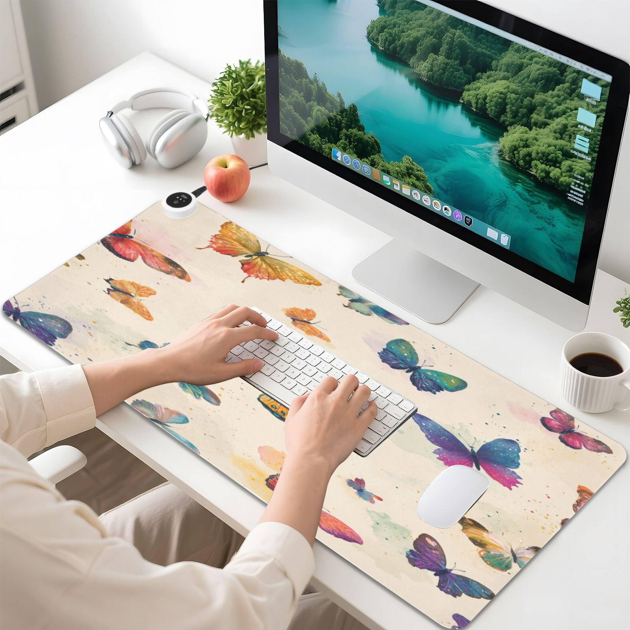 Large Heated Desk Mat Mouse Pad 31.5"x13"PU Leather Graphene Heating Desk Warmer with 3 Temperature Settings 110V US Plug Non-Slip Warm Pad for Home, Office, and Gaming Vibrant Polka Dot Butterfly