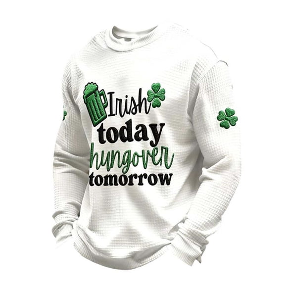 IWRICH Men's St. Patrick's Day Shirt Waffle Irish Shamrock Print Shirts Crewneck Long Sleeve Slim Muscle Tops Holiday Clothes White XL