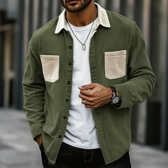 Dolkfu Shirt for Men Button Down Color Block Corduroy Shirt Jacket Long Sleeve Regular Shirt Shirts under 5 Dollars L