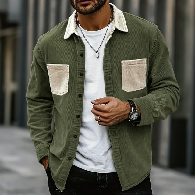 pstuiky camisa de manga larga para hombre, Chaqueta tipo cárdigan de manga larga con solapa y bloques de color para hombre Tops de talla grande para hombre xxl