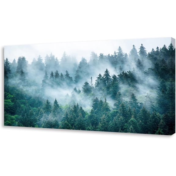 Aaheei Wall Art Canvas Misty Foggy Mountain Landscape Painting 1 Piece Forest Trees Picture Poster Print Ready to Hang for Living Room Bedroom Wall Decor