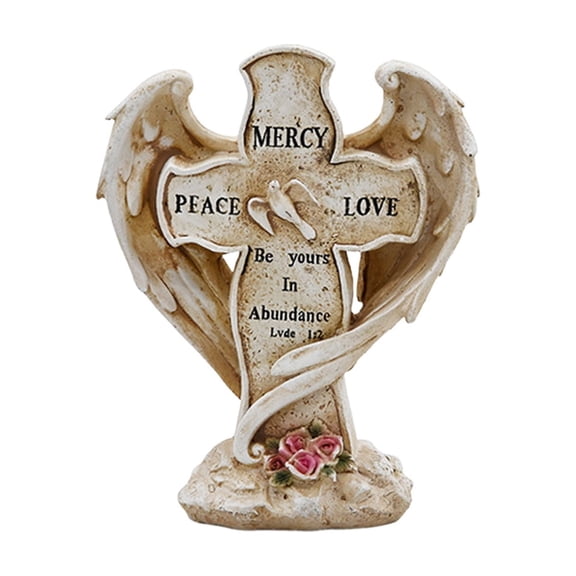 Darzheoy Cross Memorial Stone Grave Marker, Resin Jesus Cross Angel Wings Headstone Cemetery Outdoor Garden Patio Lawn Decor, Memoirial Gifts for Loss of Loved One