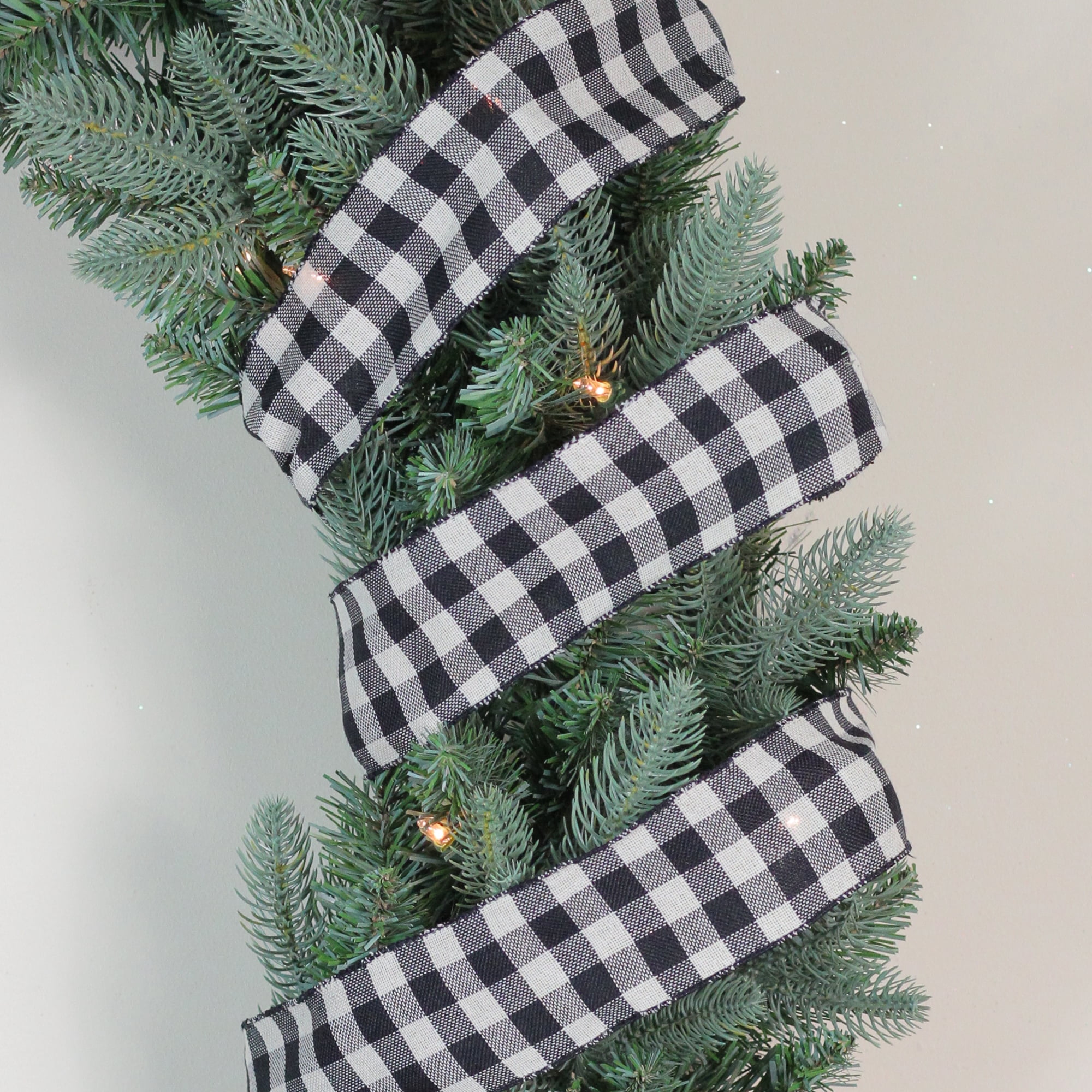Northlight Double Sided Black and White Buffalo Plaid Christmas Wired Ribbon 2.5" x 16 Yards