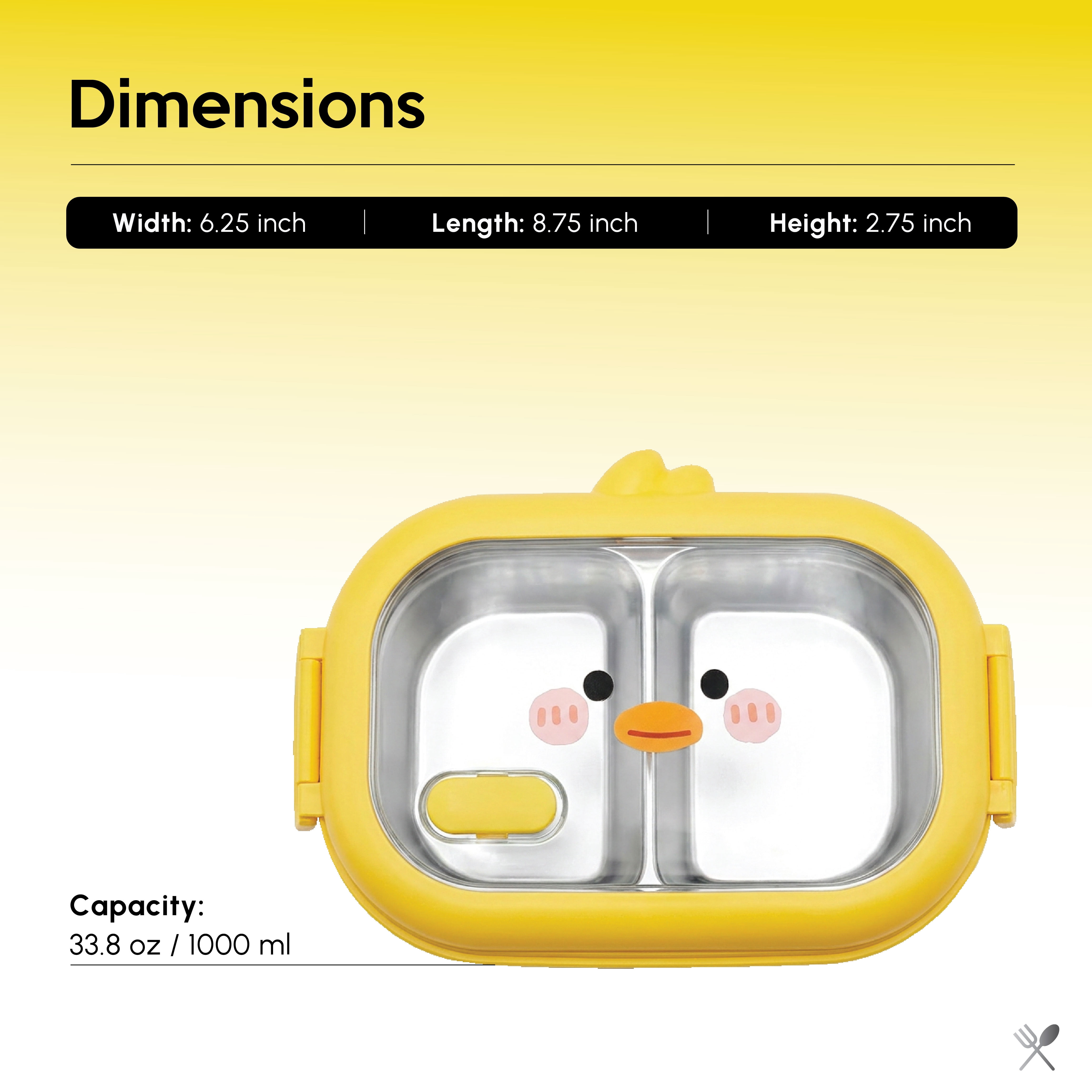 Just Cook 2 Section Duck Locktop Microwave Safe Stainless Steel Bento 1000 ml (Yellow)