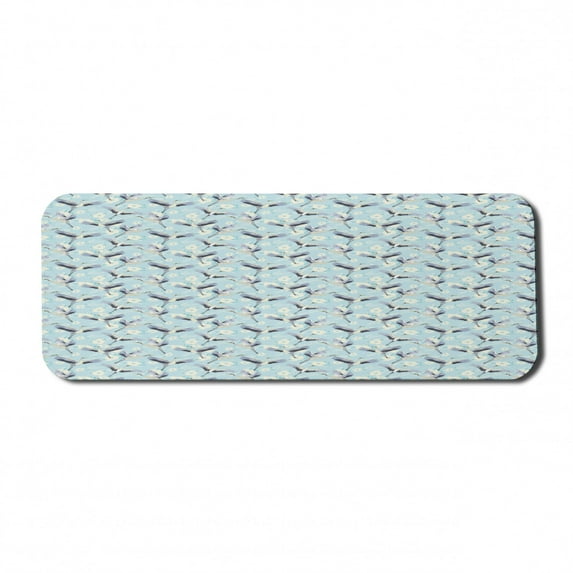 Bird Computer Mouse Pad, Repetitive Free Flying Crane White Innocent Hand Drawn Flowers, Rectangle Non-Slip Rubber Mousepad Large, 31" x 12" Gaming Size, Baby Blue Pale Ceil Blue, by Ambesonne