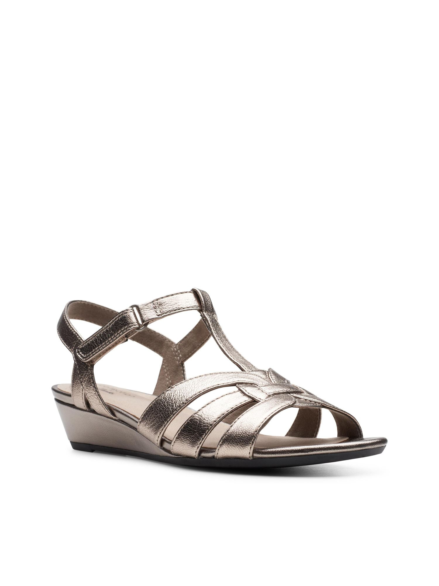 CLARKS Womens Metallic Multi Gold Moisture Wicking Padded T-Strap  Collection Abigail Daisy Round Toe Wedge Leather Dress Sandals 9.5 M -  Walmart.com