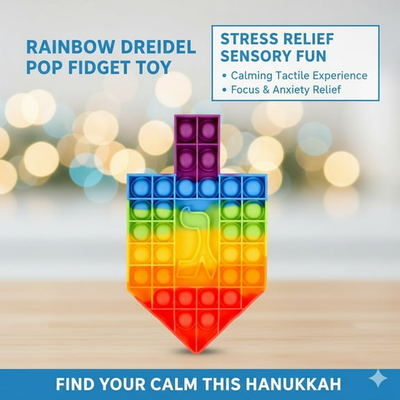 Rainbow Dreidel Pop Fidget Toy, Hanukkah Stress Relief Sensory Push Pop Bubble Game, Multi-Color Silicone, Holiday Party Favor
