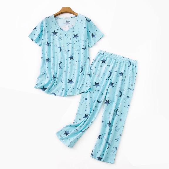 Women's Cotton Pajama Sets 2 Piece - Short Sleeve Cartoon Print Top with Capri Pants Sleepwear Lounge Set Green Star XL