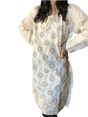 Women Tunic Dress Beige Floral Embroidered Cotton Comfy Bohemian Kurta L