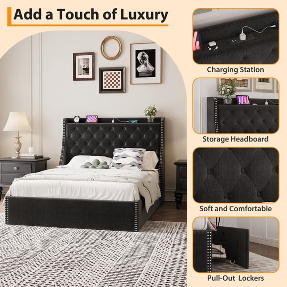 Grey/Black Full Size Upholstered Platform Bed with Under-Bed Storage Drawers, Wingback Button Tufted Headboard Bed with Built-In Charging Station & Durable Wood Slats
