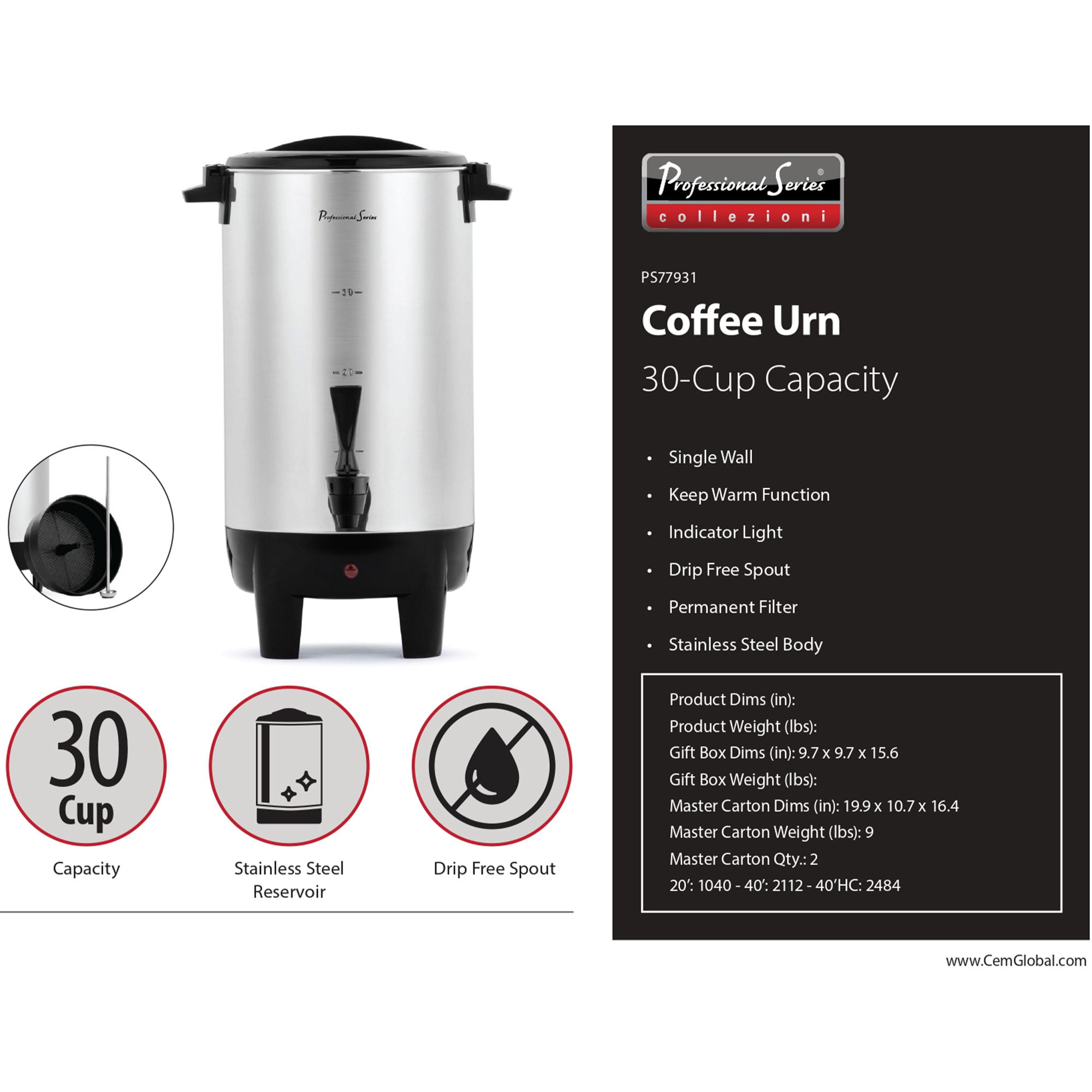 ZHIMIFU Commercial Coffee Urn 30 Cups (5.8 Oz) Stainless Steel Large Coffee  Dispenser 1000 W Electric Coffee Maker Urn Hot Water Urn for Wedding