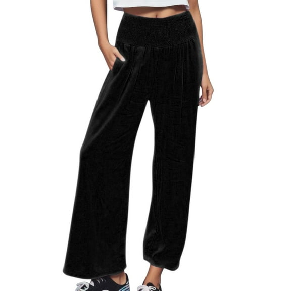 Charmgo Sweatpants Women Clearance, High Waist Wide Leg Palazzo Pants for Women Smocked Elastic Waist Loose Comfy Casual Pajama Pants Pockets Work Pants Women Cargo Pants Women Black