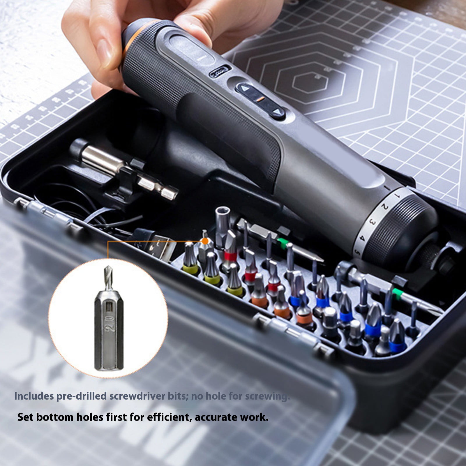 Compact Auto Rotations Electric Screwdriver 7 Variable Speeds Built In LED Light Bit Storage For Tight Space