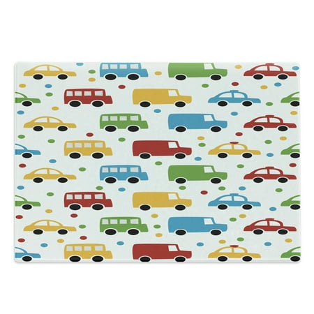 

Cars Cutting Board Vivid Colored Silhouettes of Transportation Vehicles Bus Taxi Automobile Pattern Decorative Tempered Glass Cutting and Serving Board Large Size Multicolor by Ambesonne