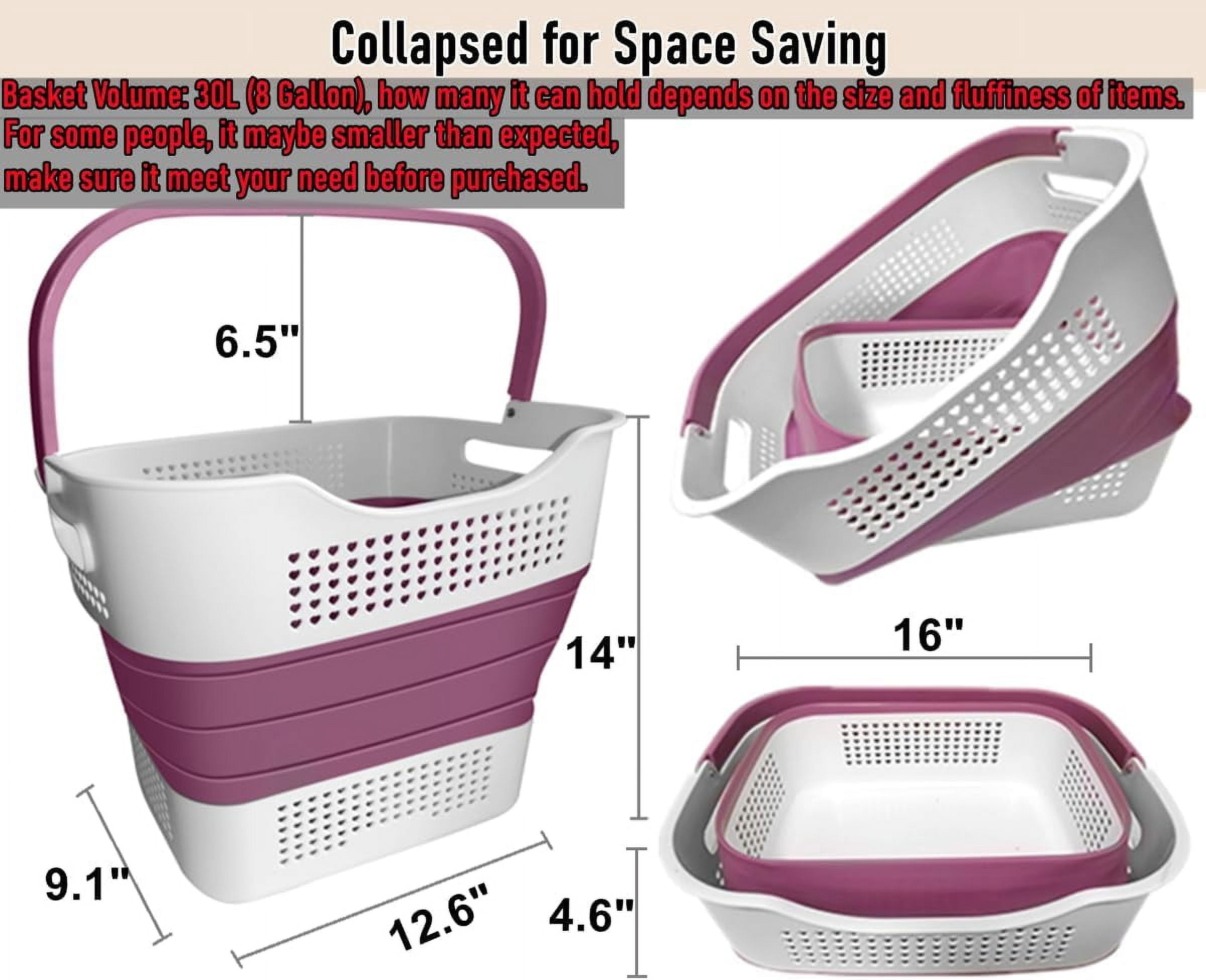 Collapsible Laundry Basket Pop Up Hamper with Handle for Adults Kids, 30L(8 Gallon) Foldable Plastic Clothes Storage Organizer Portable Clothing Washing Crate Tub, Space Saving Container Bin, Purple