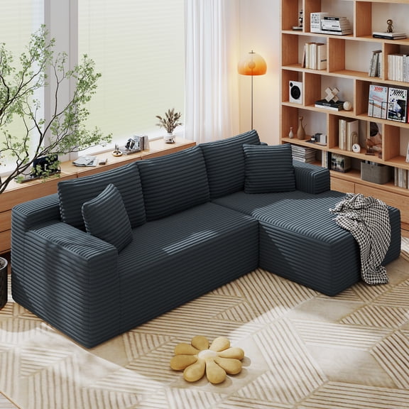 AENKYO 96 Cloud Modular Sectional Sofa with L-Shape Chaise, Deep Seat Corduroy Upholstered Couch, No Assembly Required, Dark Gray