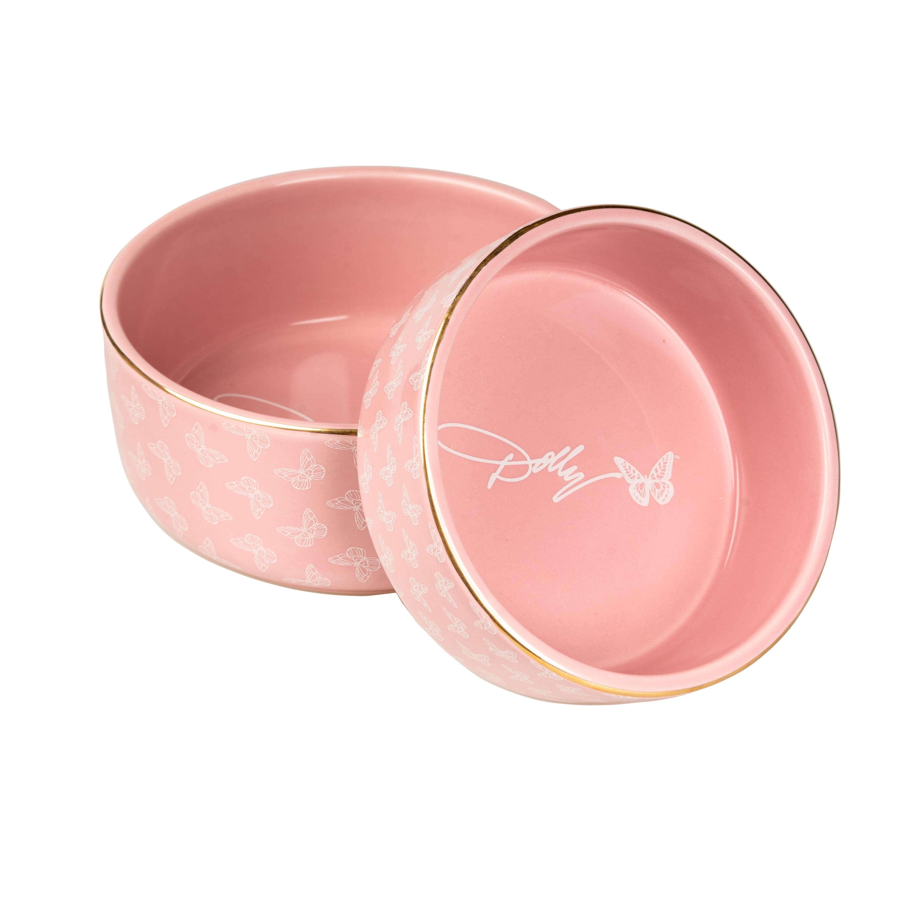 Doggy Parton, Cat Bowls, Gold Trim Butterfly Pet Bowl, Pink, Small