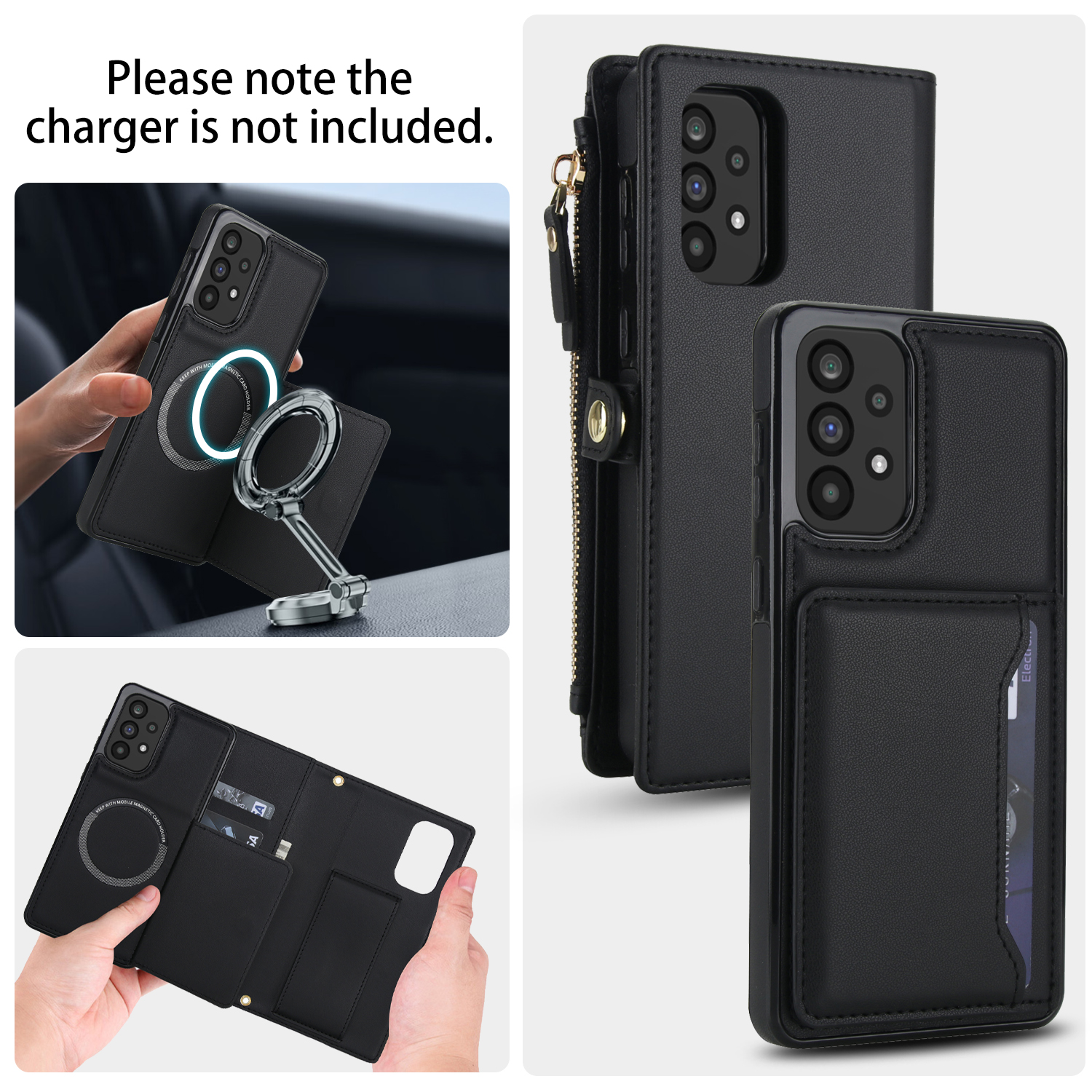 Designed for Samsung Galaxy A14 5G Multi-Function Wallet Phone Case,With Shoulder Strap&Wrist Strap,Cash Pocket&Card Slots,Zipper Purse,Magnetic Detachable PU Leather Flip Phone Case,Black