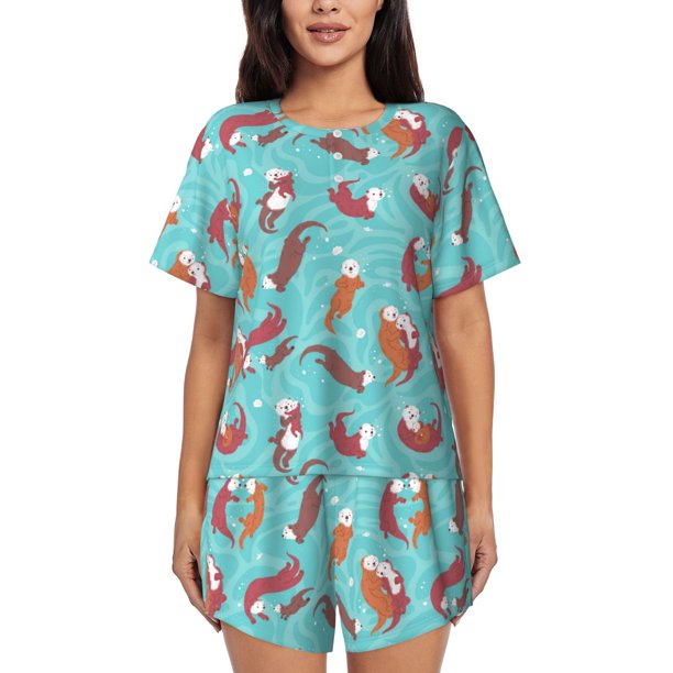 Balery Sea Otters Family In Blue Water Conjunto de Pijama para Mujer con Estampado, Dos Piezas de Manga Corta y Shorts, Ropa de Dormir Suave con Cuello Redondo y Bolsillos-XX-Large
