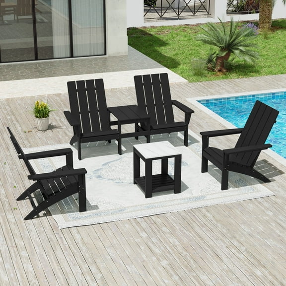 Kullavik Adirondack Chairs Set of 4 with Side Table, HDPE All-Weather Plastic Patio Chairs, Faux Marble Tile Tabletop,Outdoor Club Chairs for Garden Backyard Porch Pool Deck Firepit, Black