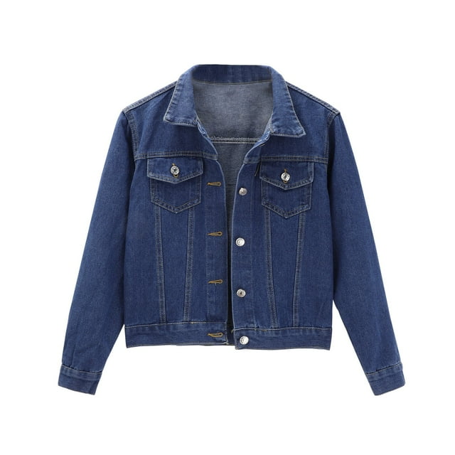 Baberdicy Lady Jacket Women's Basic Solid Color Button Down Denim Cotton Jacket with Pockets Crop Jacket Coat Denim Coat Blue