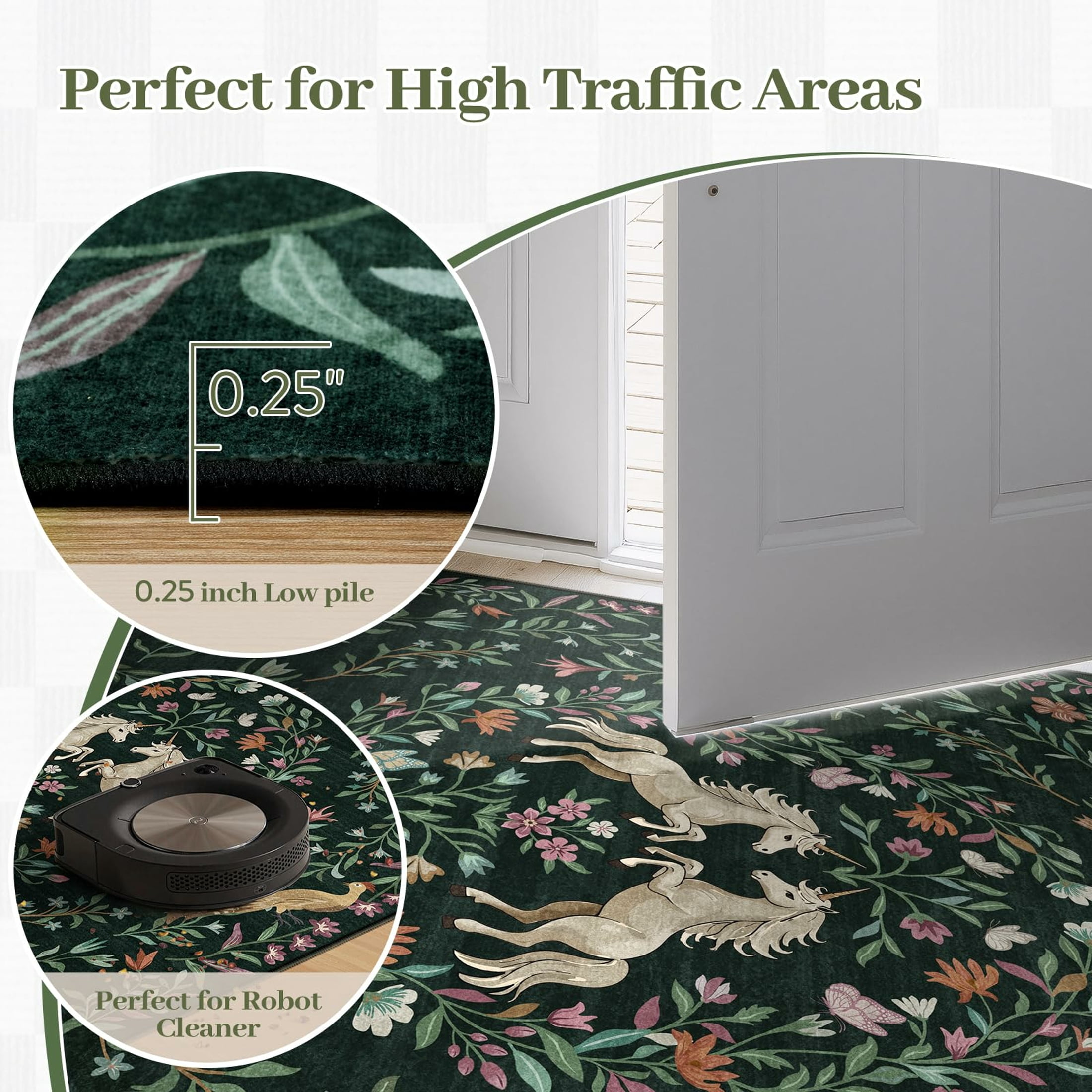 Moynesa 8'x10' Fantasy Garden Area Rugs for Living Room, Washable Vintage Botanical Unicorn Rugs for Bedroom, Large Victorian Accent Carpet for Dining Room Nursery Playroom, Dark Green