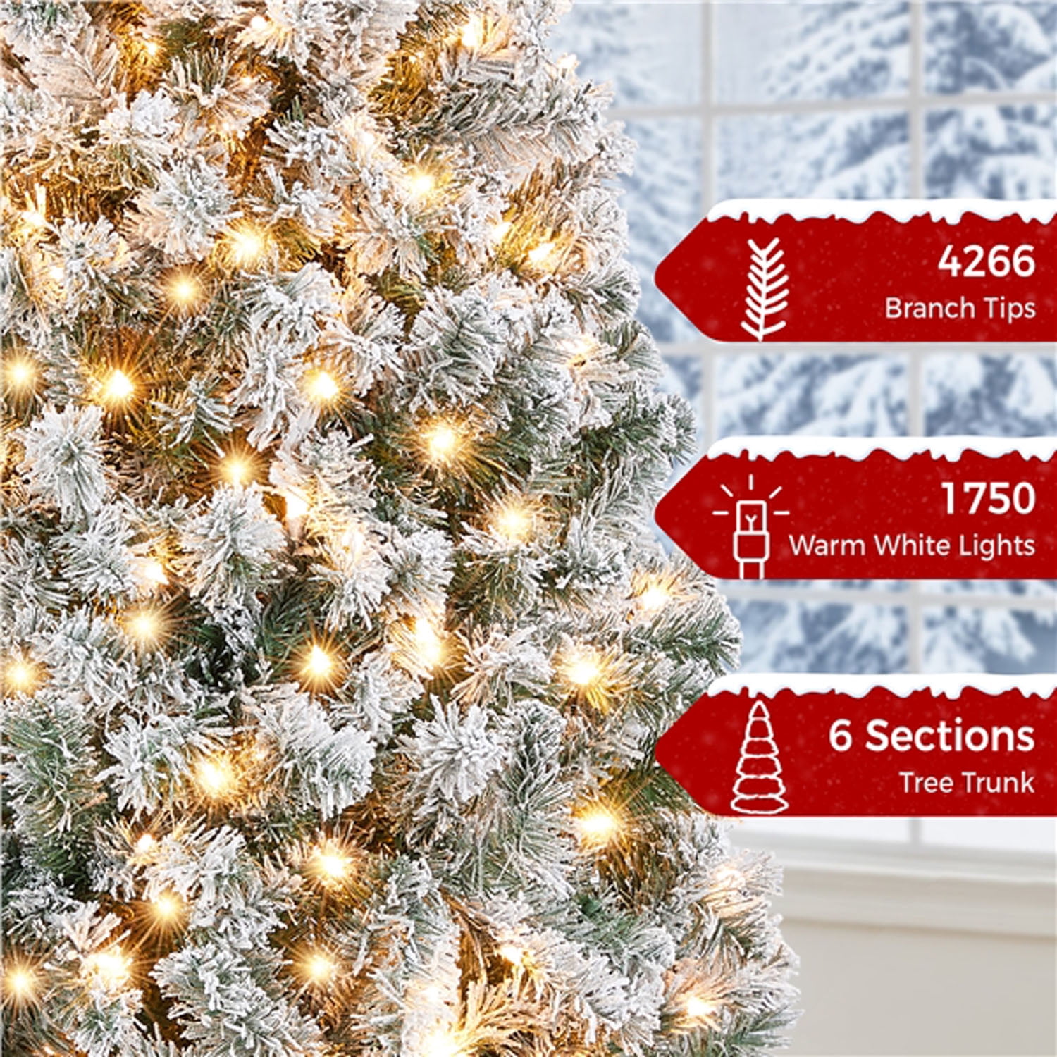 Alden Design 12FT Pre-lit Flocked Christmas Tree with Foldable Stand Hinged Fir Holiday Decorative Tree with 1750 LED Warm Lights, Green&White