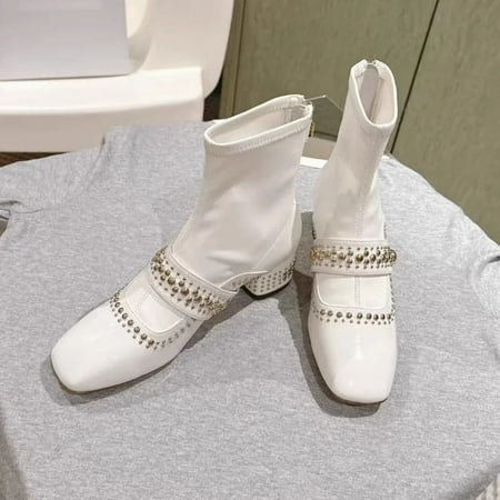 

HHH Cowhide Version ~ Grape Mom s Same Style Autumn and Winter Square Toe Rivet High Tube Ankle Boots Word with Chunky Heel Length Boots Female