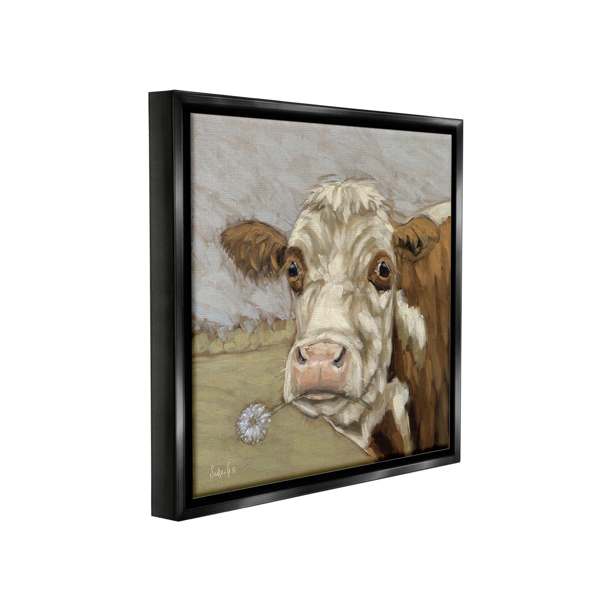 Stupell Industries Cattle with Dandelion Sprig Animals & Insects Painting Black Floater Framed Canvas Art Print Wall Art, 18 x 18