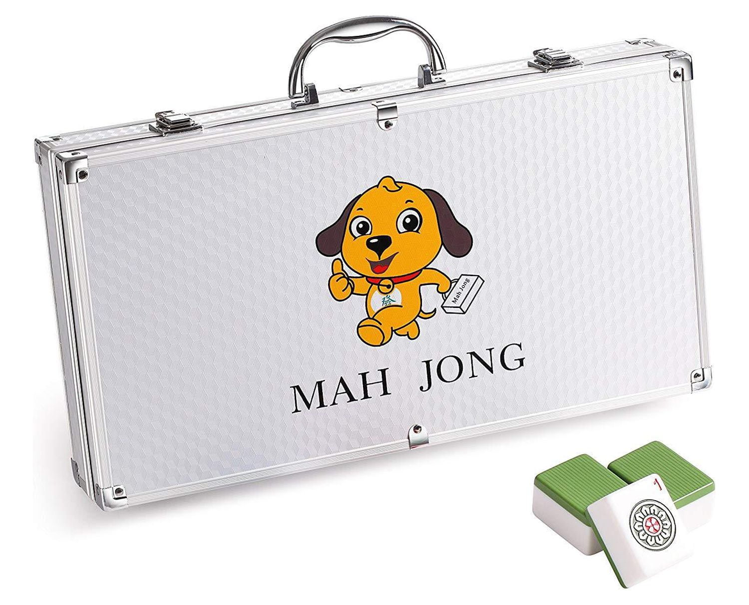 M36LH-1 144 Green Tiles Chinese Mahjong Silver Aluminum Case with Pushers and Cover Set